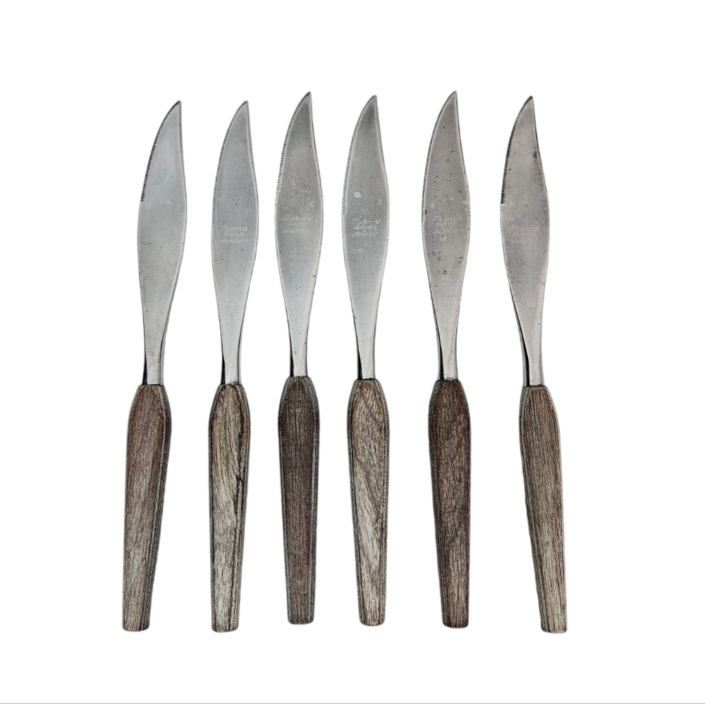 Vintage Fleetwood Design Stainless Danish Wood‎ Handle Steak Knifes Set of 6 R31